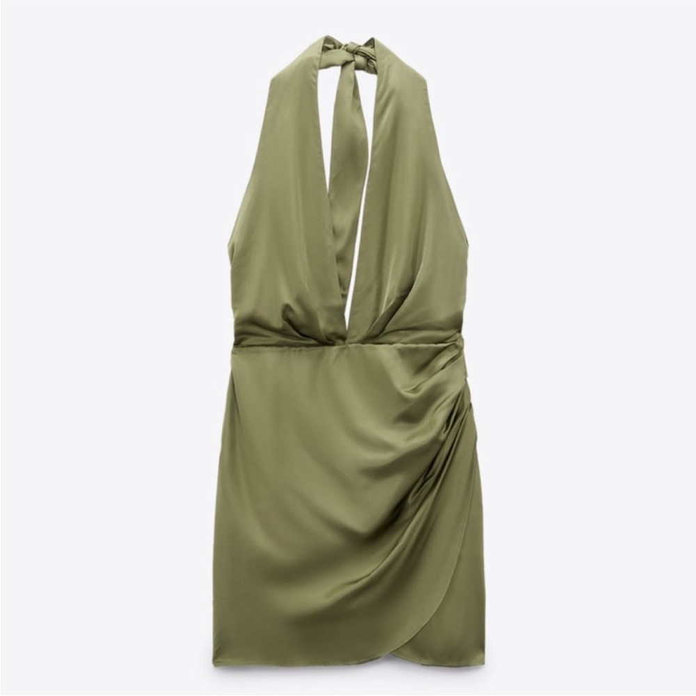 Zara Green Satin Effect Mini Halter Dress